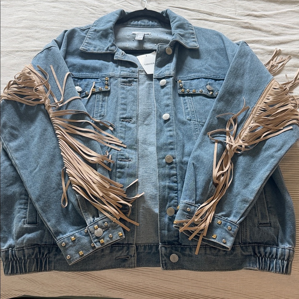 Forever 21 Light Blue Denim Jacket with Tan Fringe